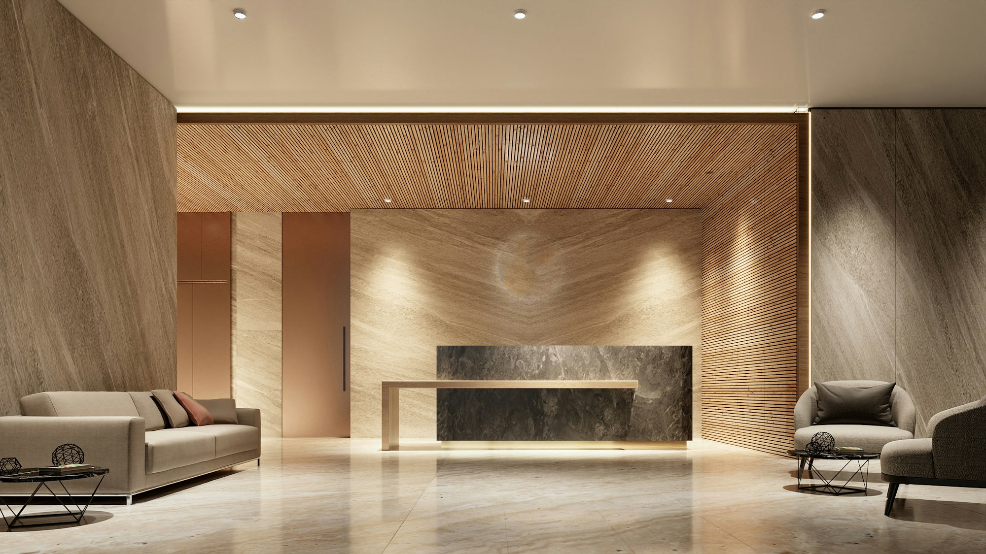 Warm wood reception lobby